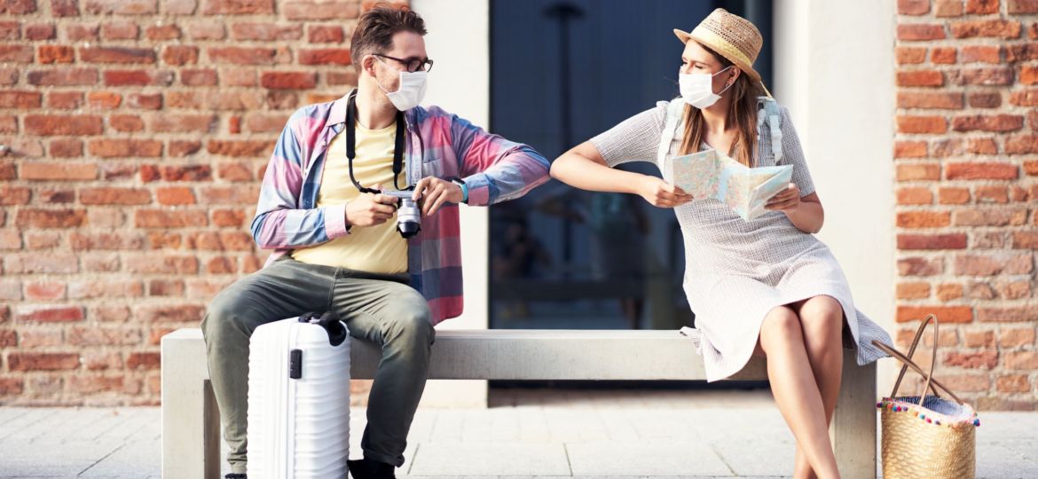 Adult,Tourists,In,Masks,Sightseeing,Gdansk,Poland